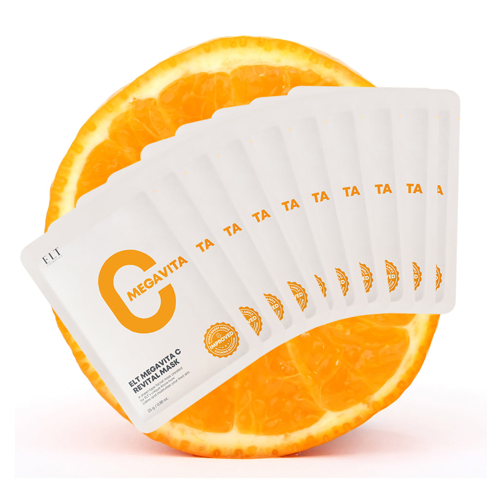 ELT Mega Vitamin C Sheet Mask – 10 Pack (25g Each) | Brightening, Soothing, Anti-Wrinkle, Korean Skincare.