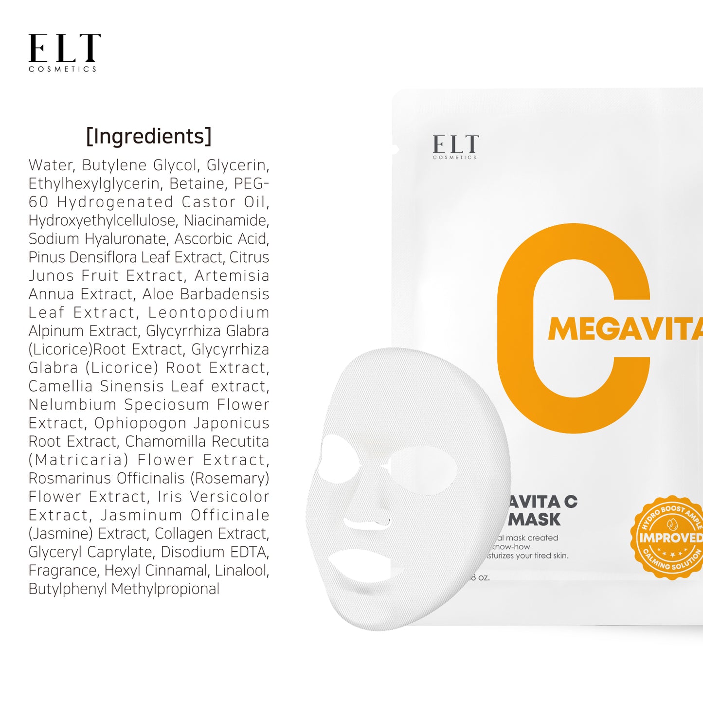 ELT Mega Vitamin C Sheet Mask – 10 Pack (25g Each) | Brightening, Soothing, Anti-Wrinkle, Korean Skincare.