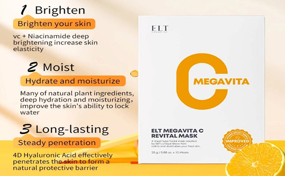 ELT Mega Vitamin C Sheet Mask – 10 Pack (25g Each) | Brightening, Soothing, Anti-Wrinkle, Korean Skincare.