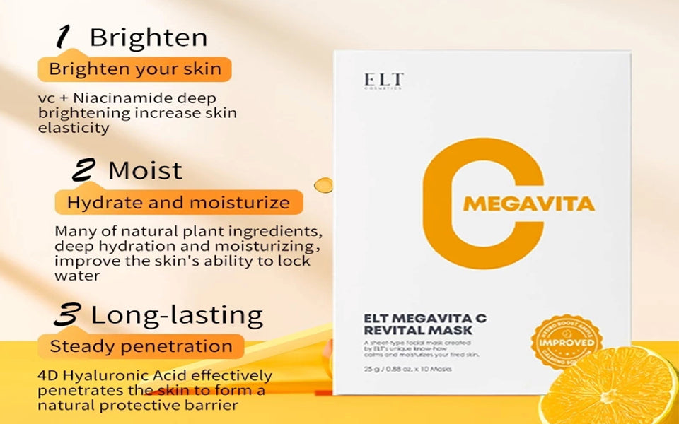 ELT Mega Vitamin C Sheet Mask – 10 Pack (25g Each) | Brightening, Soothing, Anti-Wrinkle, Korean Skincare.