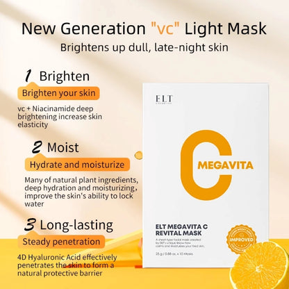 ELT Mega Vitamin C Sheet Mask – 10 Pack (25g Each) | Brightening, Soothing, Anti-Wrinkle, Korean Skincare.