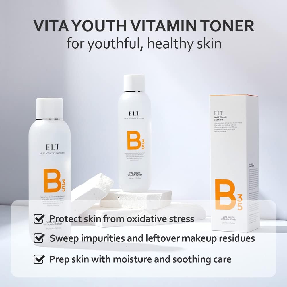 ELT Vita Youth Vitamin B Toner 6.76 fl.oz.(200ml) | Multi Vitamin B3&5 Moisturizing Soothing Skin Care | Fragrance Free | Green Tea Extract Makes Skin Youthful | Prevents Dark Spots | K-Beauty