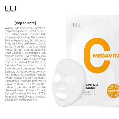 ELT Mega Vitamin C Sheet Mask – 10 Pack (25g Each) | Brightening, Soothing, Anti-Wrinkle, Korean Skincare.
