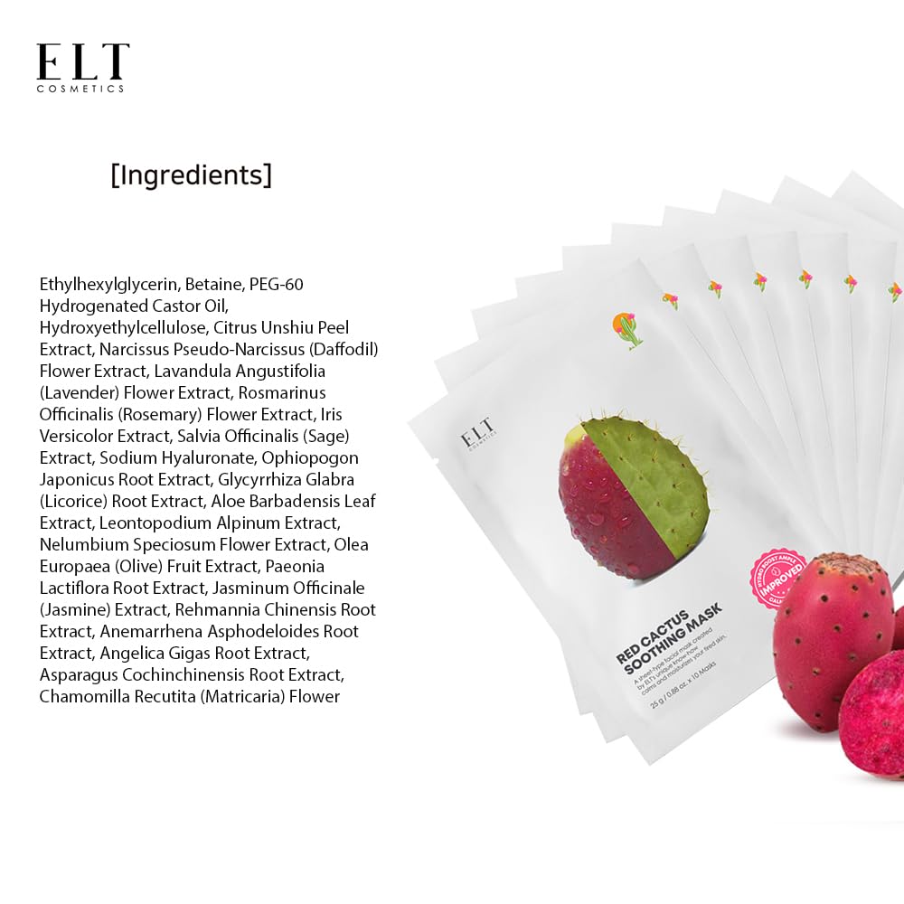 ELT Red Cactus Extract (5,000 ppm) (25 g / 0.88 oz) 10 EA Korean Face Masks, Brightening Mask, Anti-Aging Wrinkle Fighting, Deep Collagen Mask, Korean Skin care