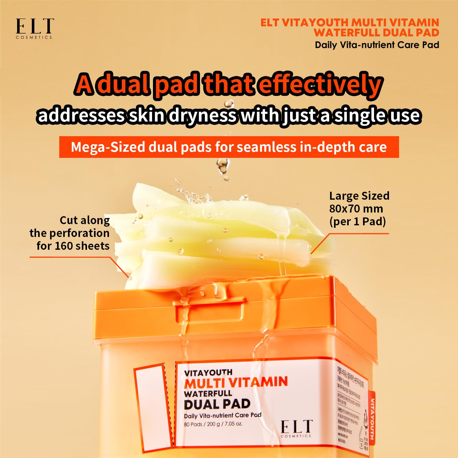 ELT Multi Vitamin Dual Pads Sized Toner Pads 100% Vegan Certified Acne spot treatmentUneven Skin Tone Cleansing and Deep Hydrating Korean Skin Care (1count (80 Pads))