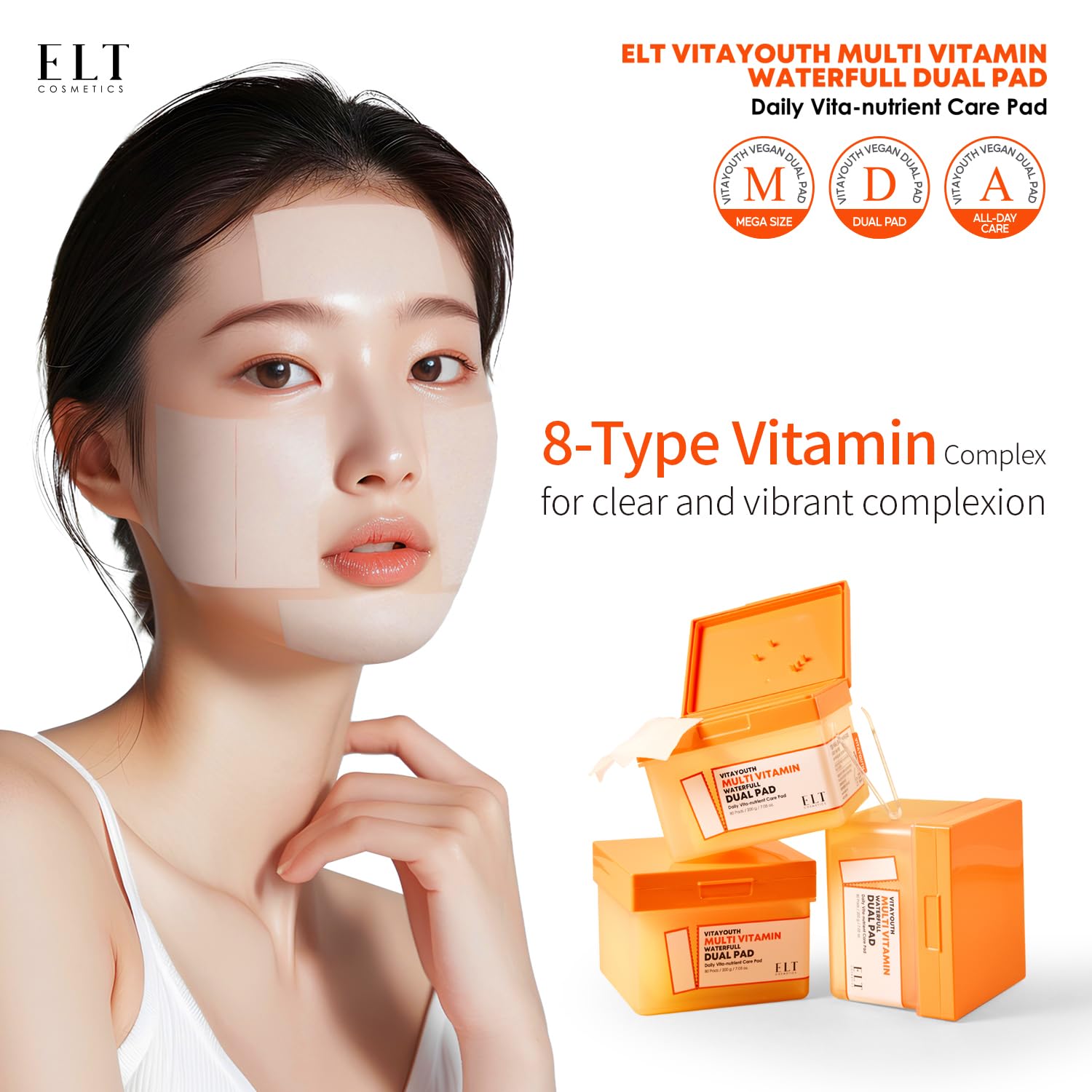 ELT Multi Vitamin Dual Pads Sized Toner Pads 100% Vegan Certified Acne spot treatmentUneven Skin Tone Cleansing and Deep Hydrating Korean Skin Care (1count (80 Pads))