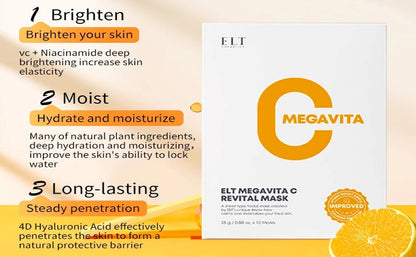 ELT Mega Vitamin C Sheet Mask – 10 Pack (25g Each) | Brightening, Soothing, Anti-Wrinkle, Korean Skincare.