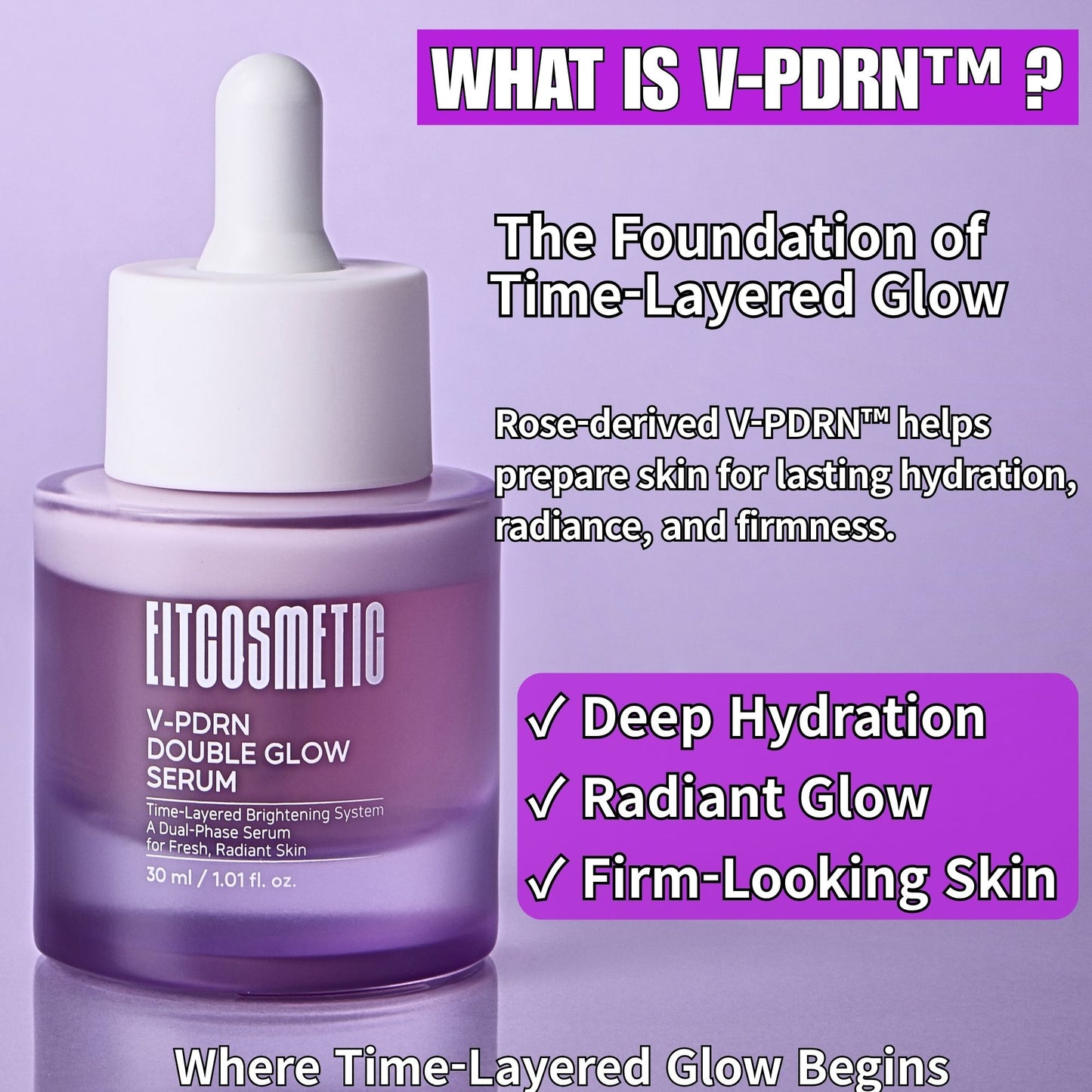 ELT V-PDRN Double Glow Serum with Rose PDRN - 3 Forms of Vitamin C, Dual-Layer Brightening Serum, Hydrating Glow Serum with Peptides, Collagen & Hyaluronic Acid for Radiant Looking Skin, 30ml