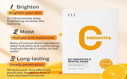 ELT Mega Vitamin C Sheet Mask – 10 Pack (25g Each) | Brightening, Soothing, Anti-Wrinkle, Korean Skincare.